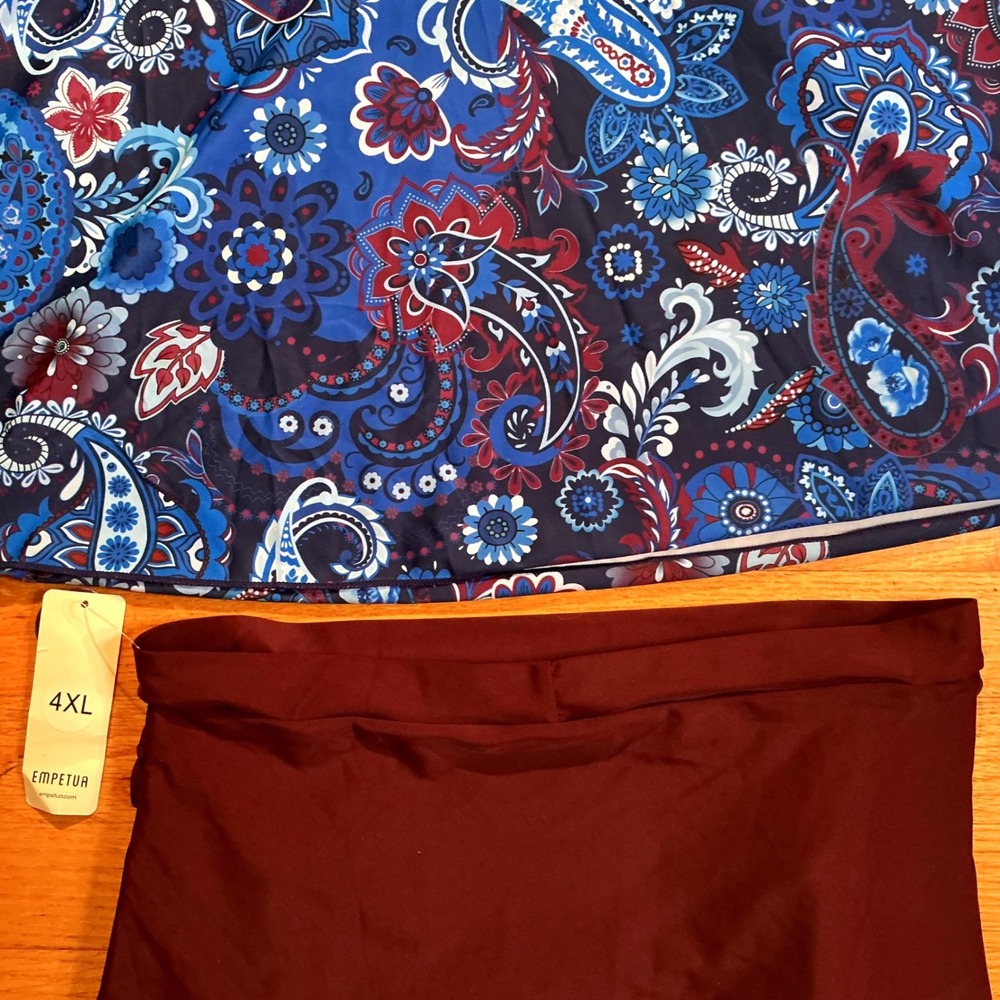 Empetua Tankini Swimsuit 16W Womens Blue Paisley Burgundy NEW High Waist 4xL - Picture 3 of 12